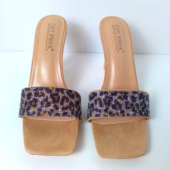 CAPE ROBBIN Nude Color, Rhinestone Animal Print, Slide On Open Toe Mule Heels - Picture 6 of 10
